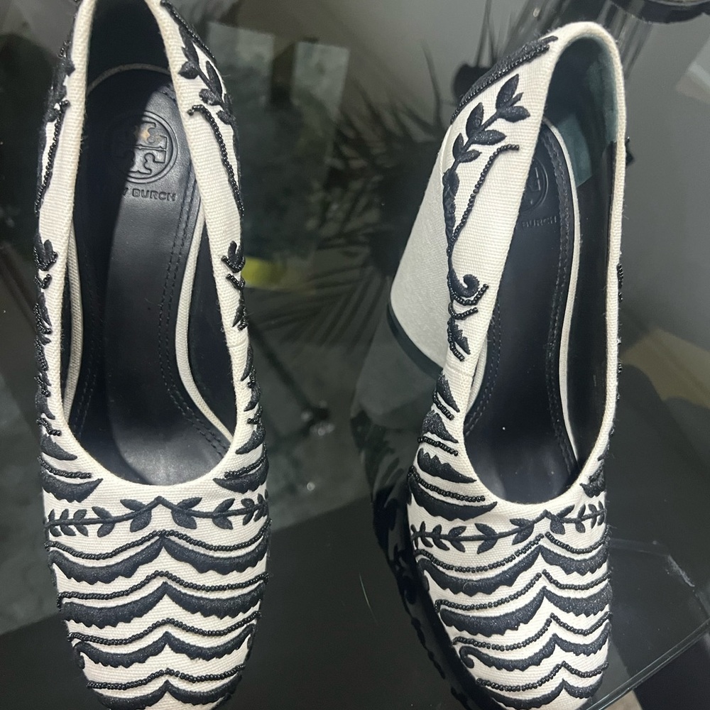 Tory Burch Black and White Embroidered Heeled Boots - Picture 2 of 4